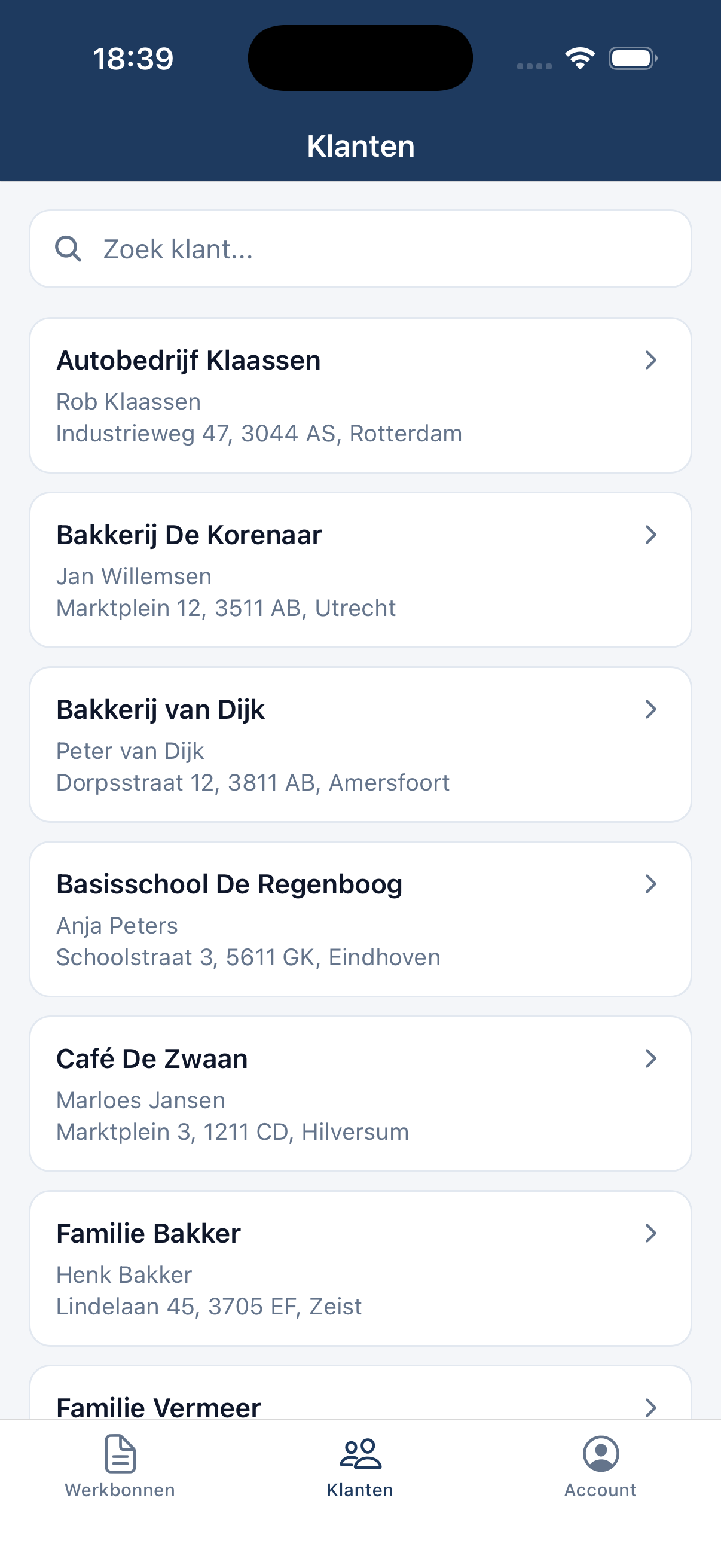 Klantenlijst in de Vakwerk app
