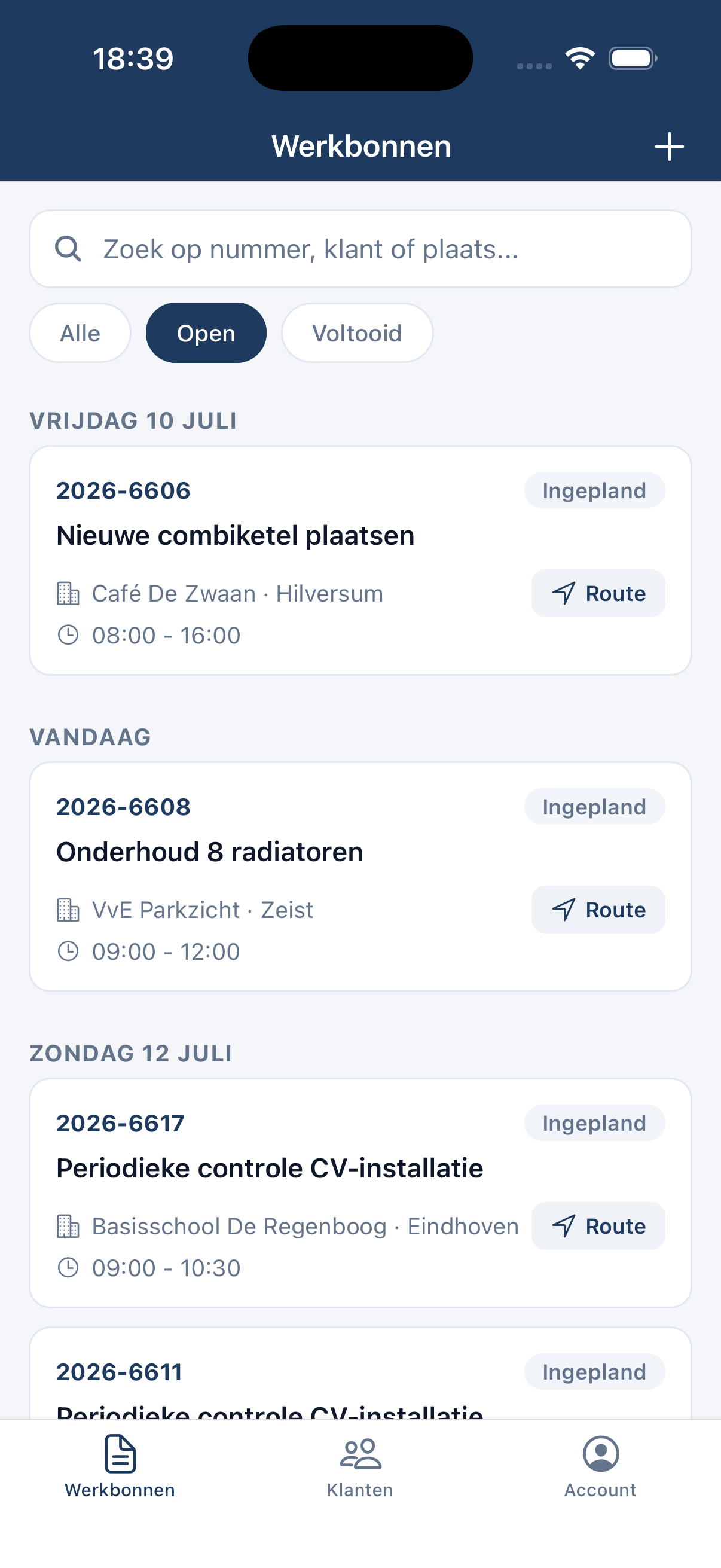 Werkbonnenlijst in de Vakwerk app